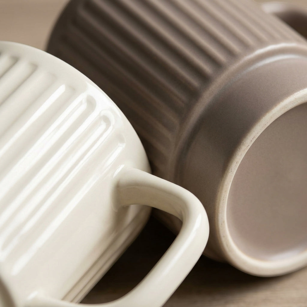 Matiq Flutestack Ceramic Coffee Mugs Ivory Taupe 11 oz Set of 2 - Detail view