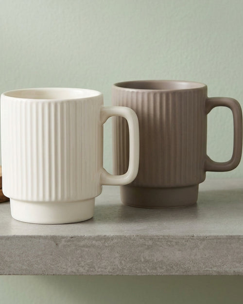 Matiq Flutestack Ceramic Coffee Mugs Ivory Taupe 11 oz Set of 2 - Lifestyle view